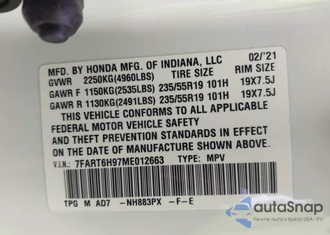 2021 Honda Cr-V Hybrid Touring из США, поврежденный, VIN 7FART6H97ME012663